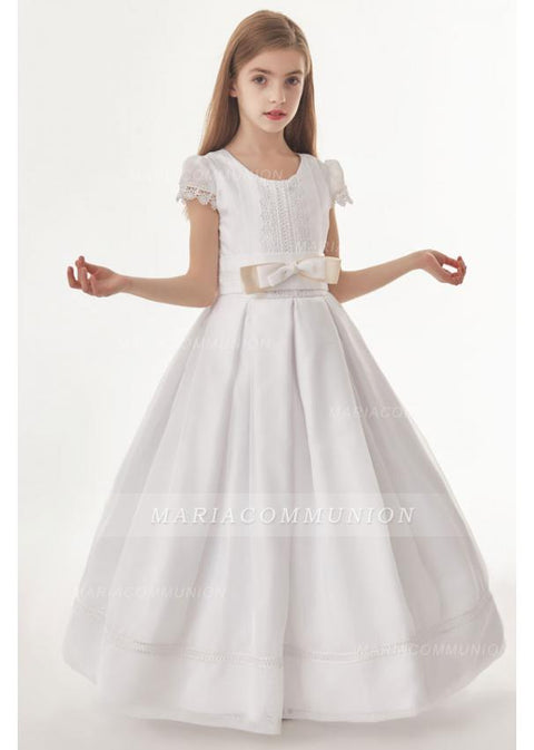 Organza Ball Gown Cap Sleeves Floor Length Communion Dress With Bow(S)