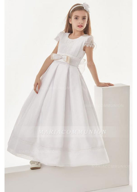 Organza Ball Gown Cap Sleeves Floor Length Communion Dress With Bow(S)