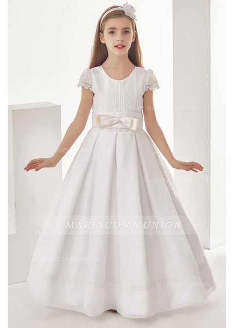 Organza Ball Gown Cap Sleeves Floor Length Communion Dress With Bow(S)