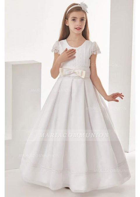 Organza Ball Gown Cap Sleeves Floor Length Communion Dress With Bow(S)