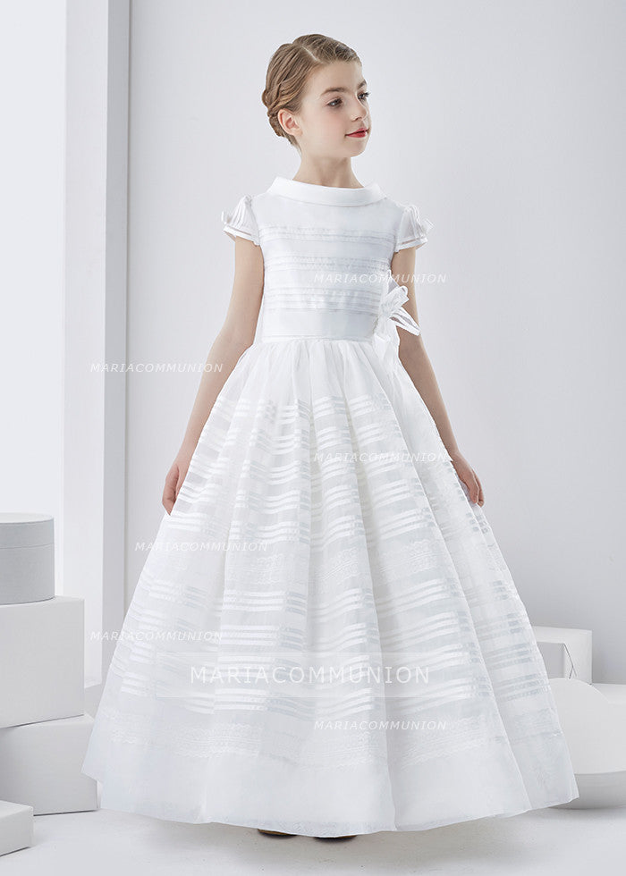 Cowl Neck Short Sleeve Long A-Line Organza First Communion Dress With ...