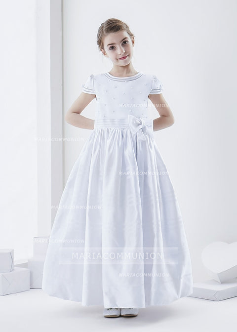 Short Sleeve Beaded Bodice Ball Gown Satin First Communion Dress with Flower